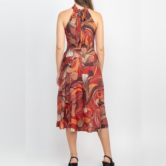 Tahari ASL High Tie Neck Sleeveless Multi Print Fit & Flare Satin Dress NWT - Picture 2 of 16